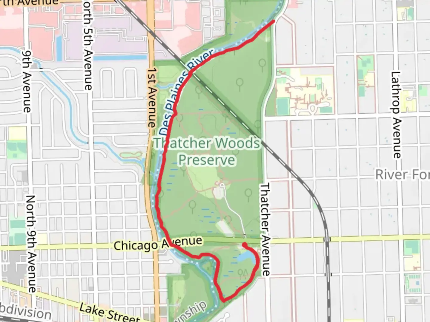 An image depicting the trail Thatcher Woods Hiking Trail and its surrounding area.