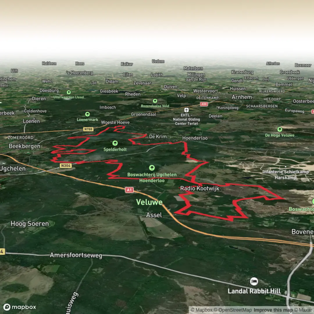 An image depicting the trail Ugchelsche, Hoog Buurlosche and Spelderholt via Waterbergweg and its surrounding area.