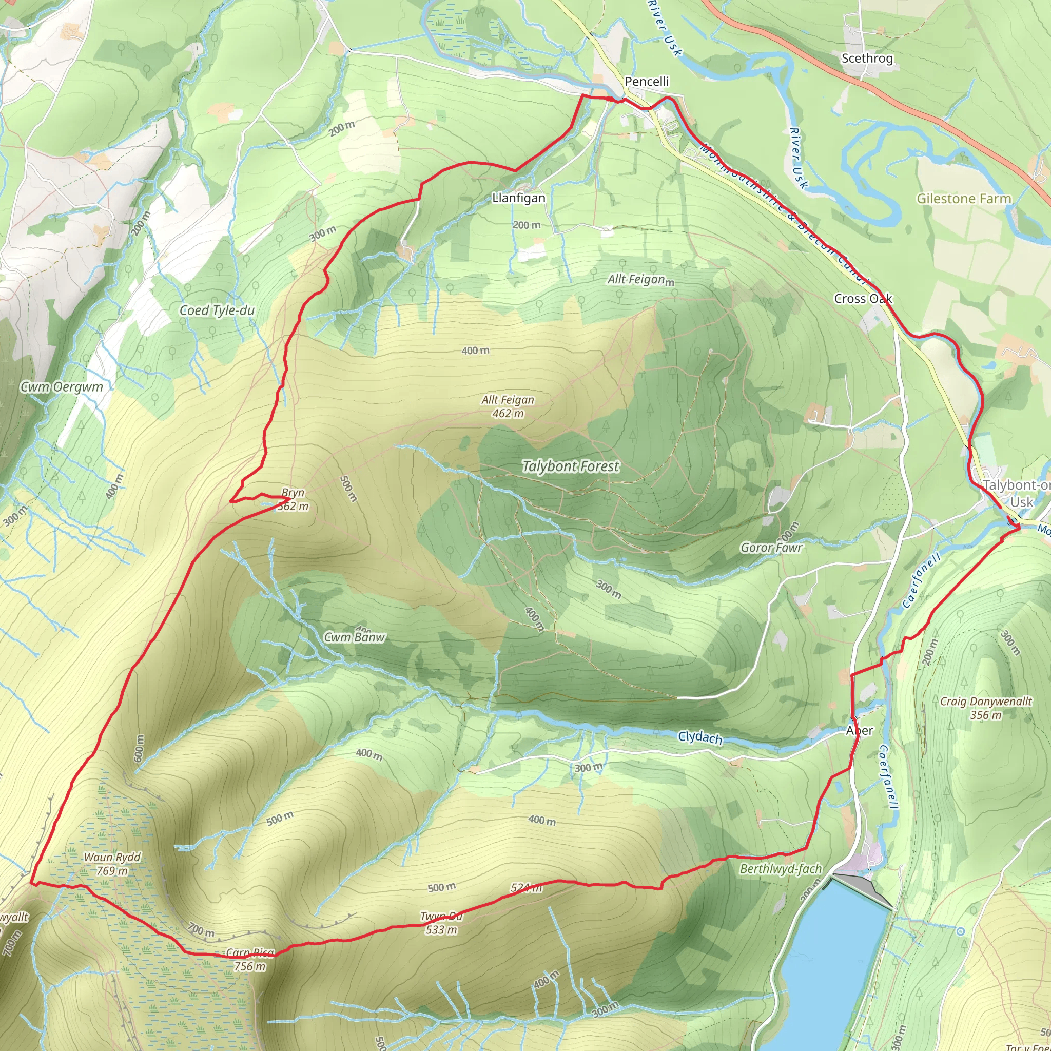 Pen y Bryn and Carn Pica from Pencelli mobile static map
