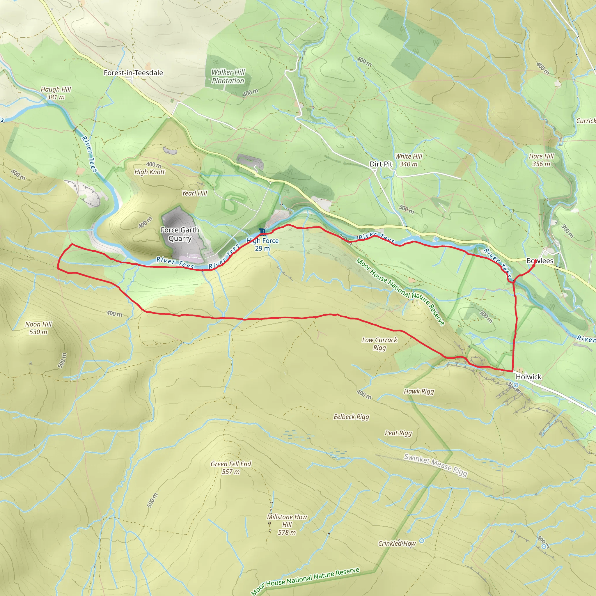 High Force - Low Force and the River Tees from Bowlees mobile static map