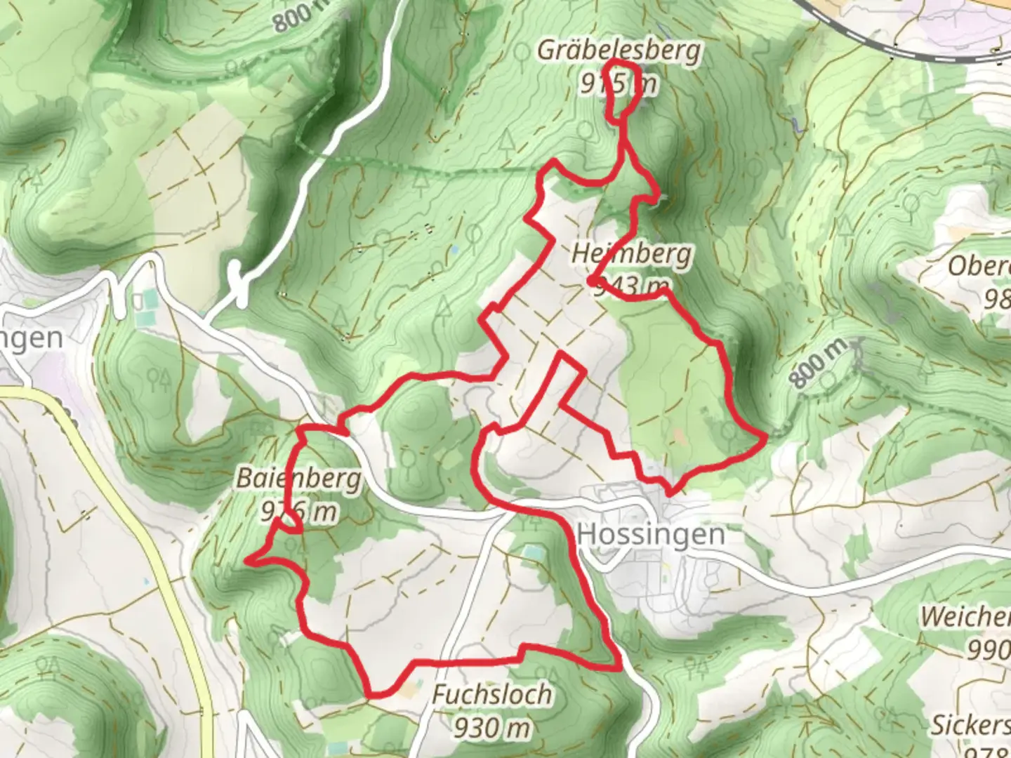 An image depicting the trail Heimberg, Grabelesberg and Baienberg Loop - Hossingen and its surrounding area.