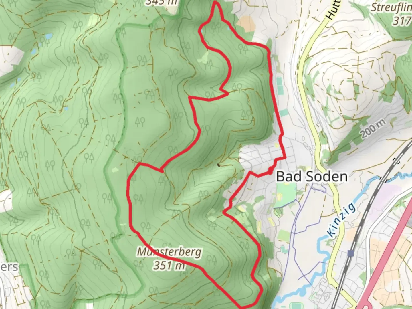 An image depicting the trail Münsterberg via Graf von Roedern Rundwanderweg and its surrounding area.