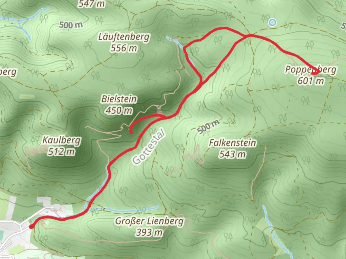 An image depicting the trail Bielstein and Poppenbergturm via Gottestal and its surrounding area.
