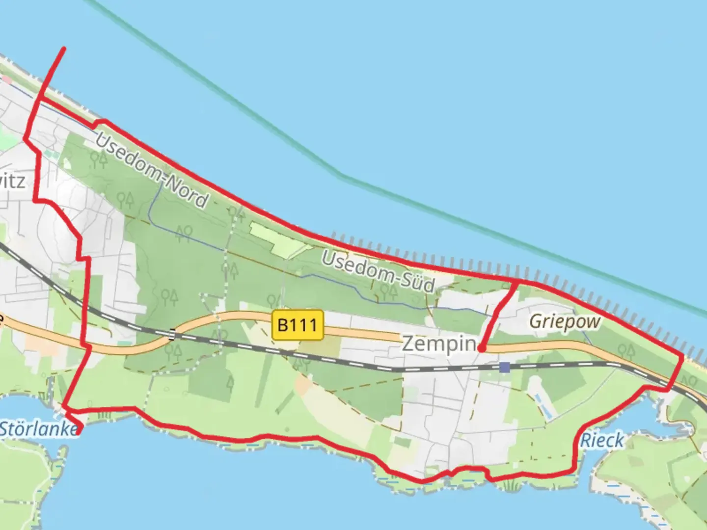 An image depicting the trail Tauchgondel Zinnowitz in Zempin Loop and its surrounding area.