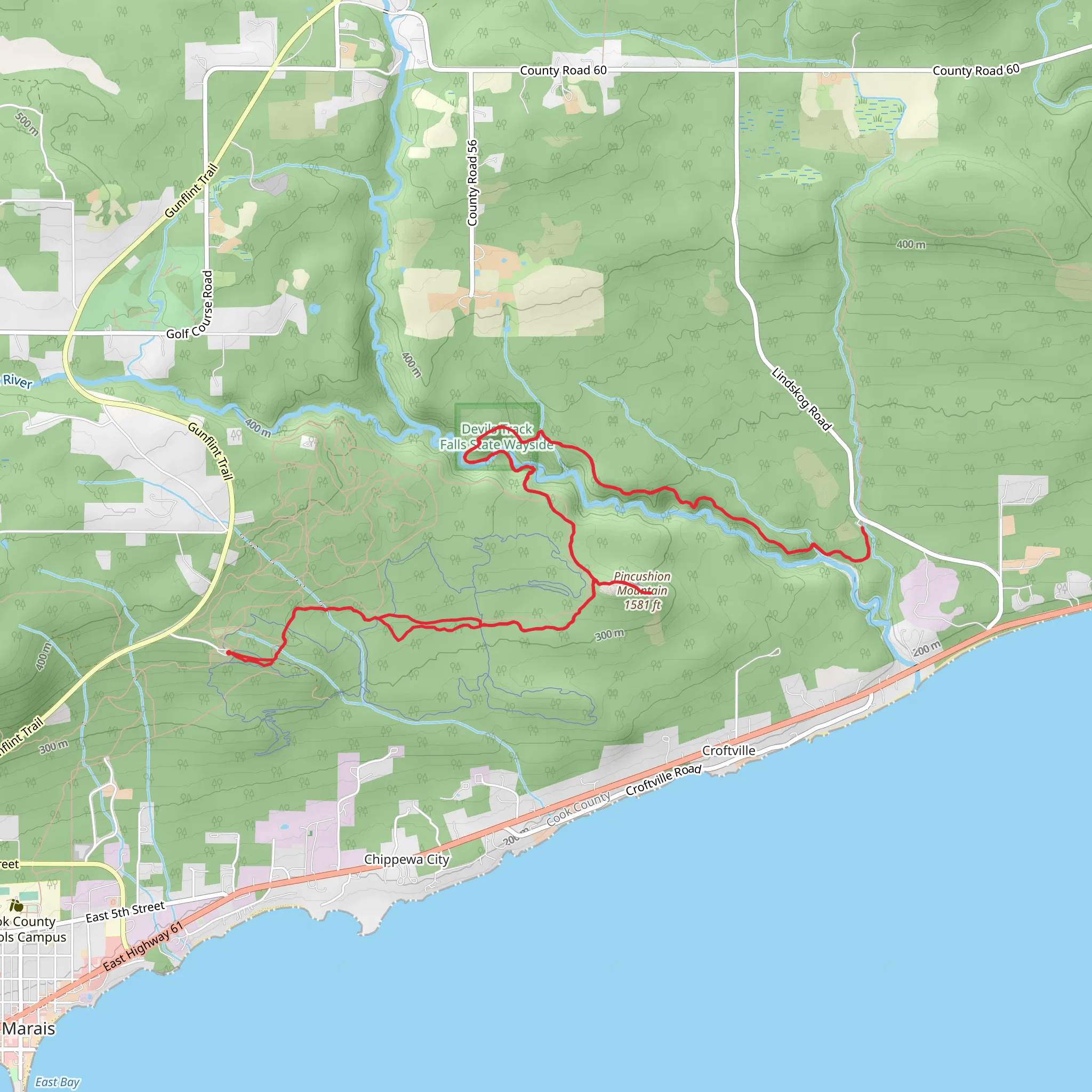 Pincushion Mountain and Devil Track River via Superior Hiking Trail mobile static map
