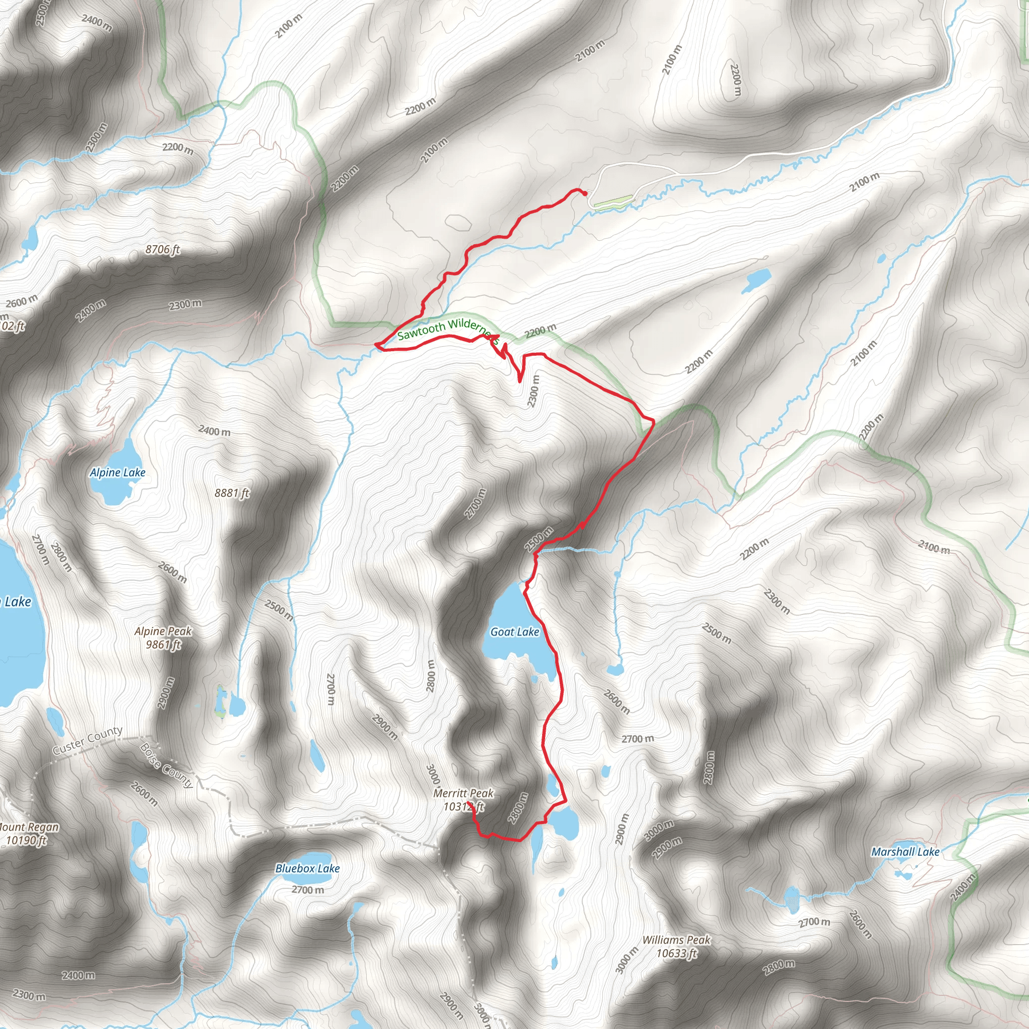 Merritt Peak and Goat Lake via Iron Creek-Stanley Lake Trail mobile static map