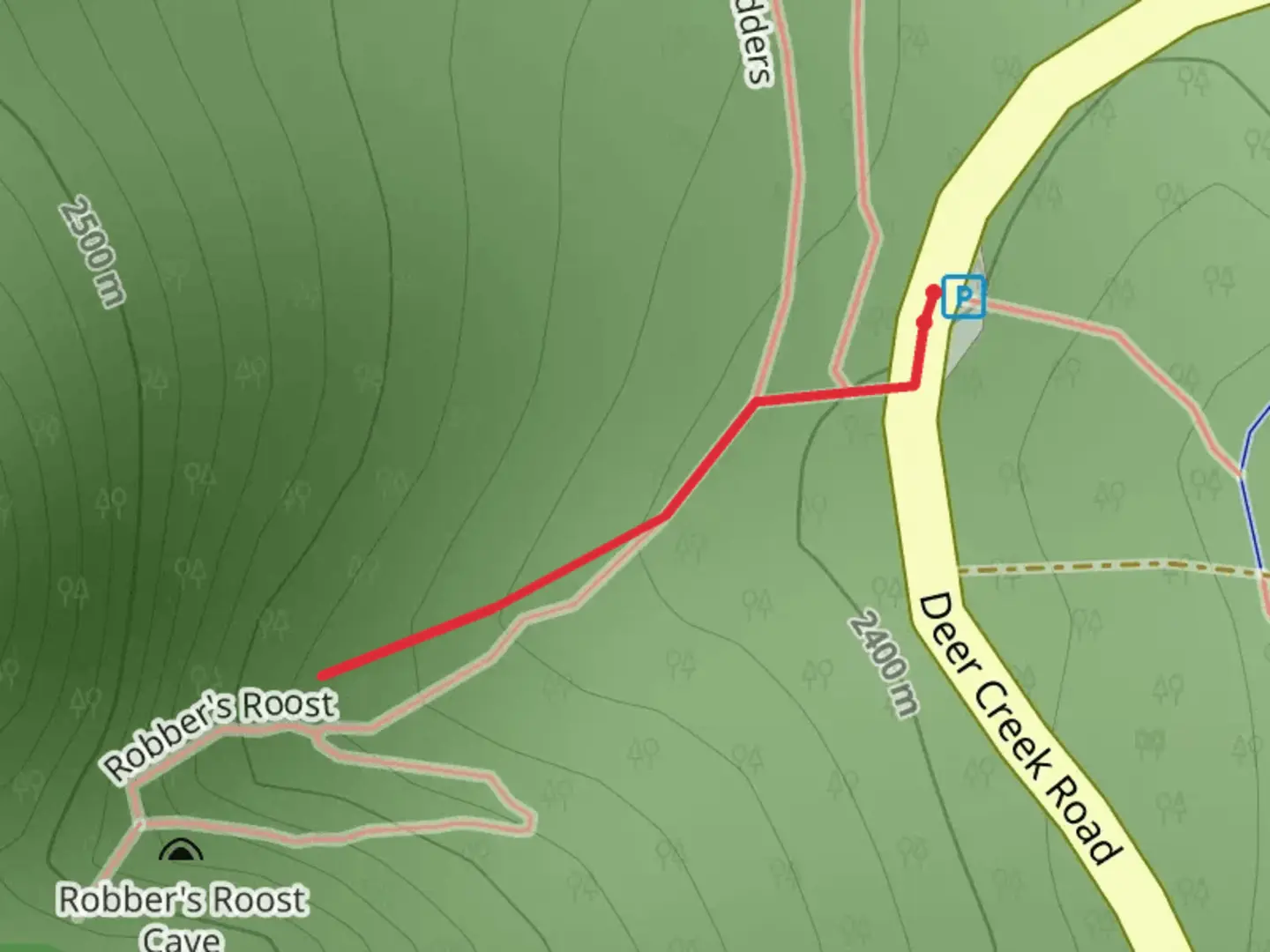 An image depicting the trail Robbers Roost from Deer Creek Road and its surrounding area.
