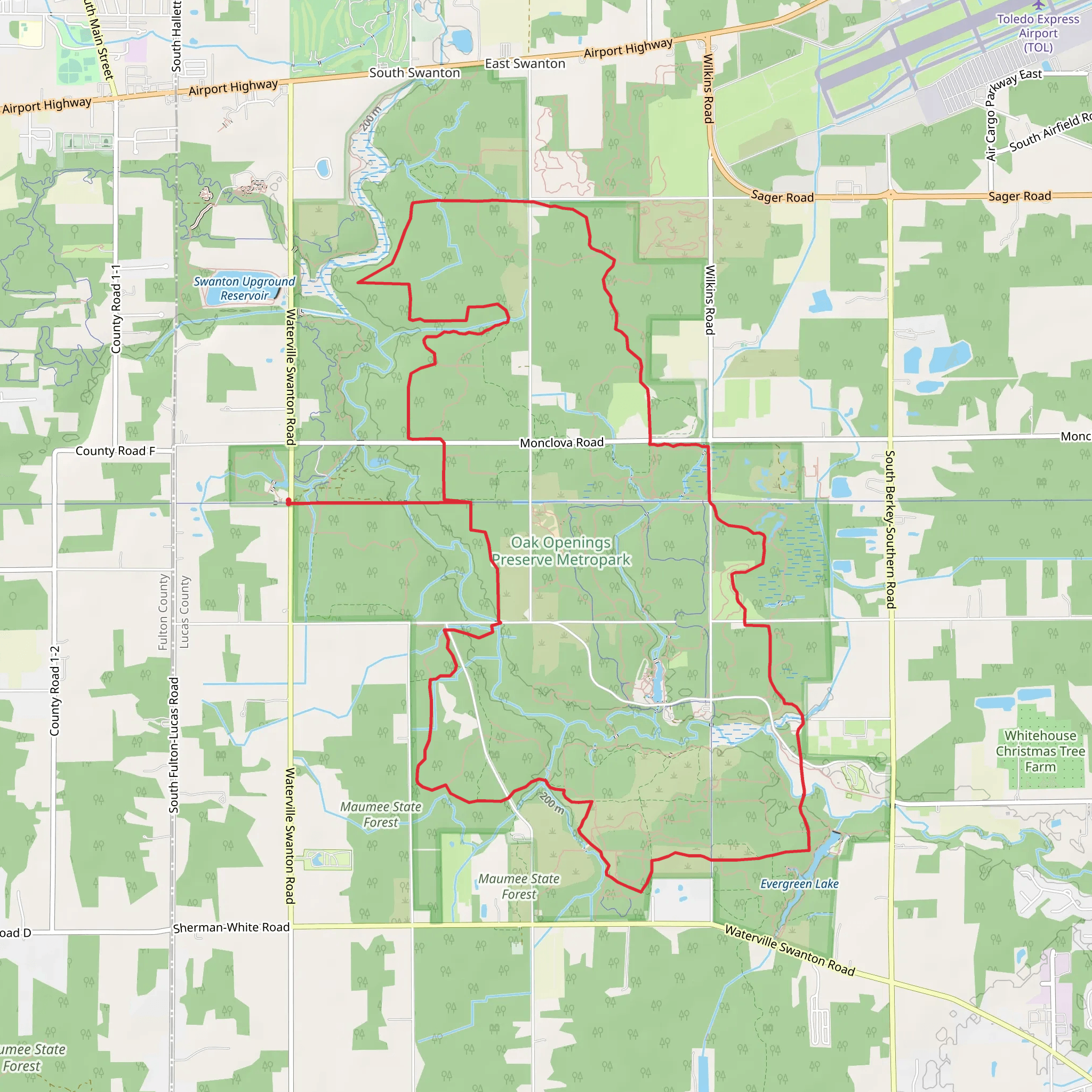 Evergreen Lake and Oak Openings Preserve Metropark Loop mobile static map