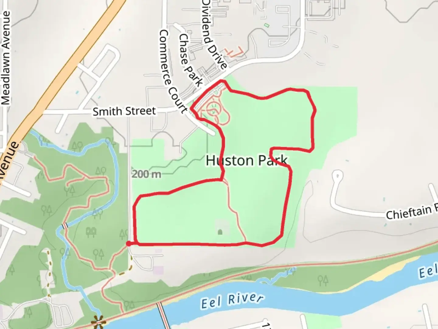 An image depicting the trail Huston Park Loop and its surrounding area.