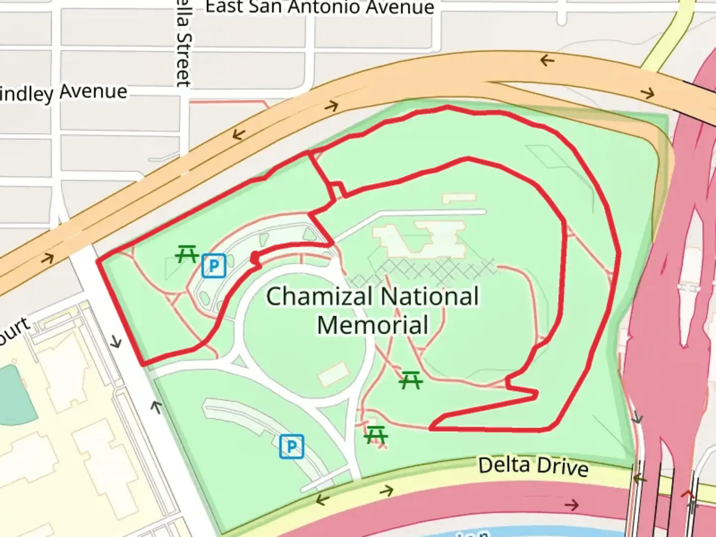 An image depicting the trail Chamizal National Memorial Loop and its surrounding area.
