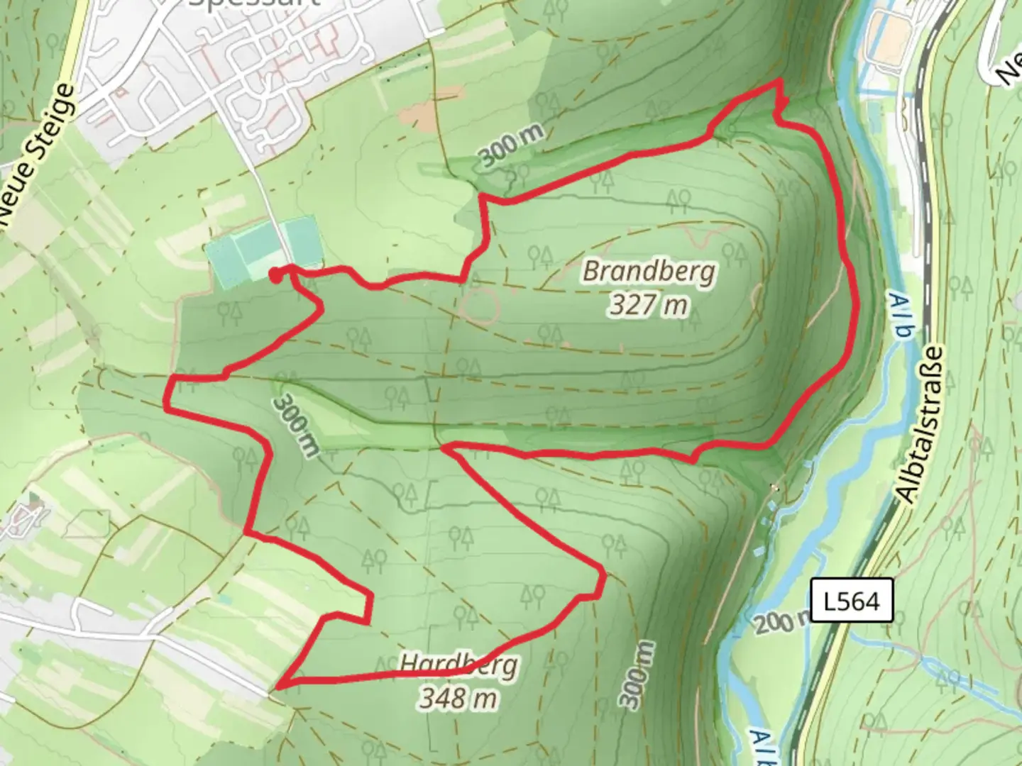 An image depicting the trail Hardberg via Fruehbusch Roemerstrasse and its surrounding area.