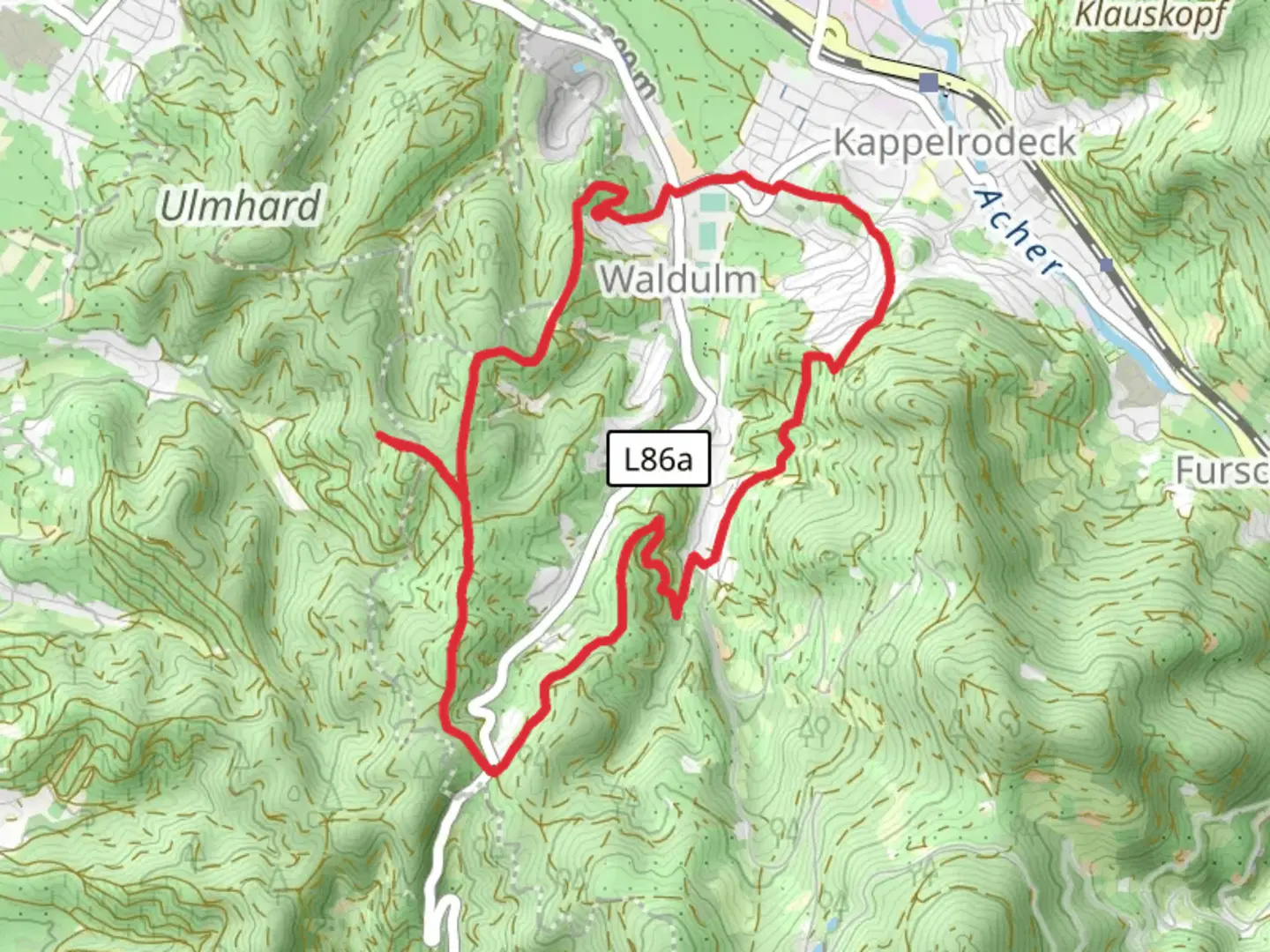 An image depicting the trail Russhaldeweg Tal and Ulmer Panoramaweg and its surrounding area.
