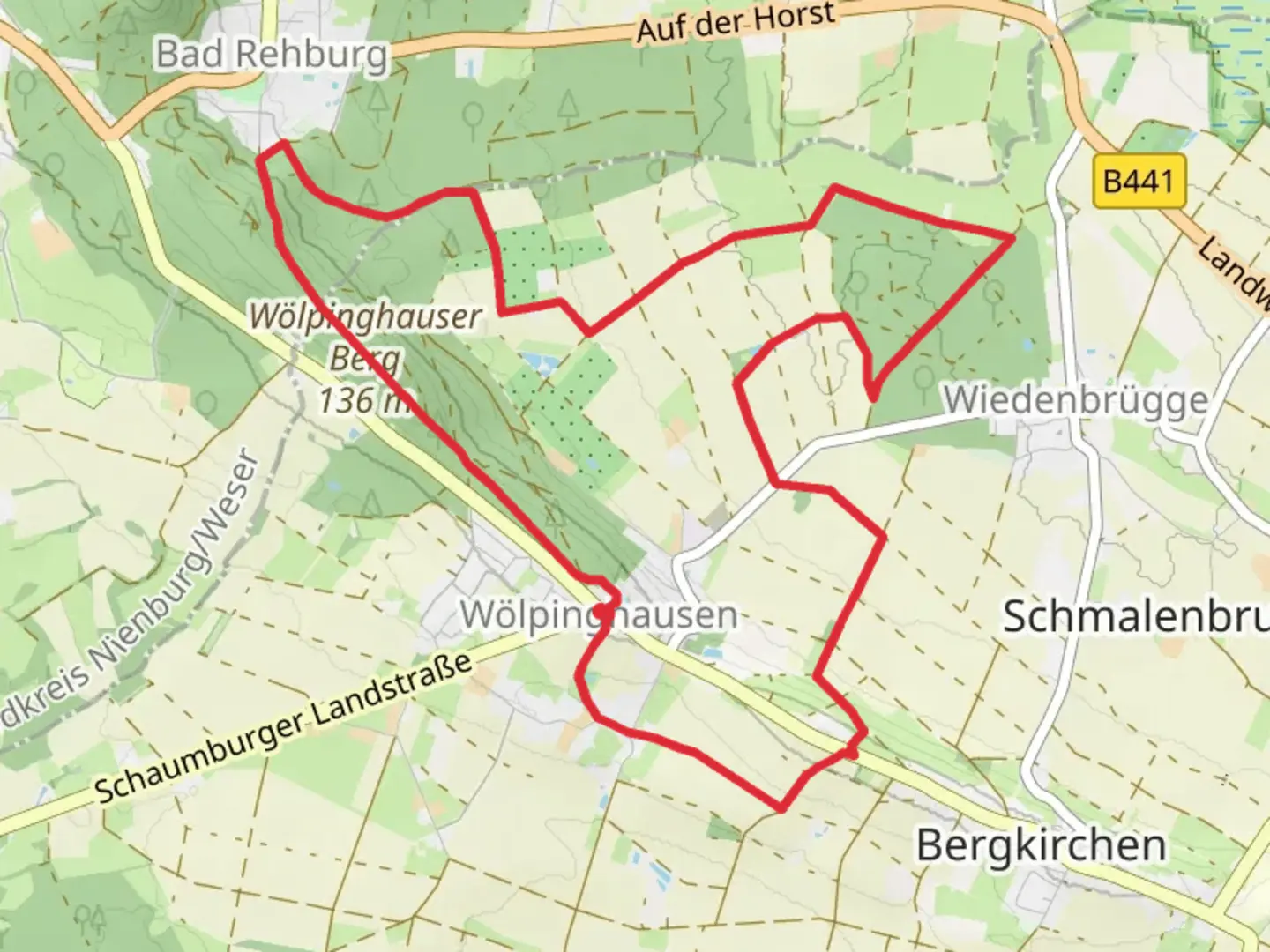 An image depicting the trail Wanderroute Wölpinghausen and its surrounding area.