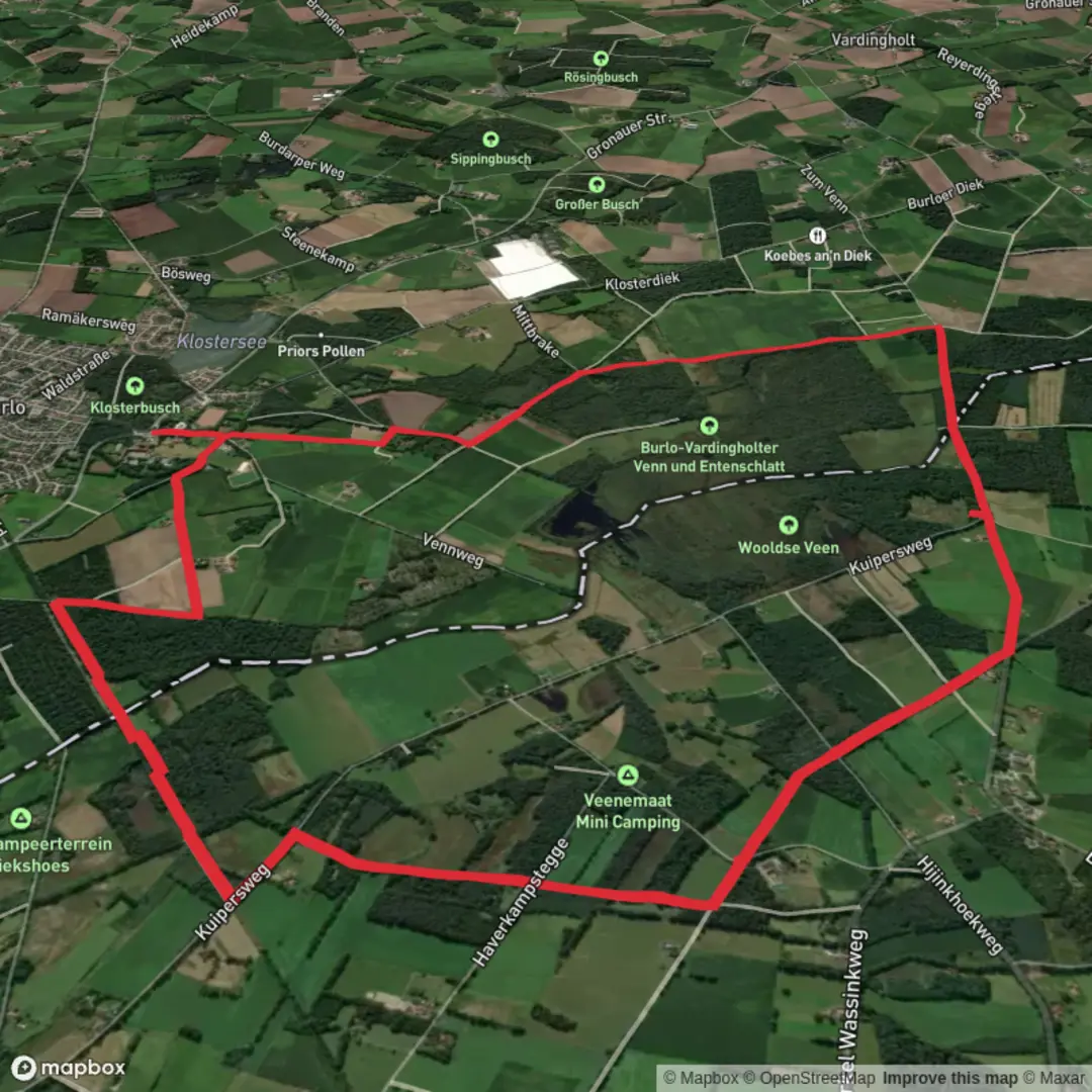 An image depicting the trail De Harr, Veenhuis and Borkense Loop and its surrounding area.