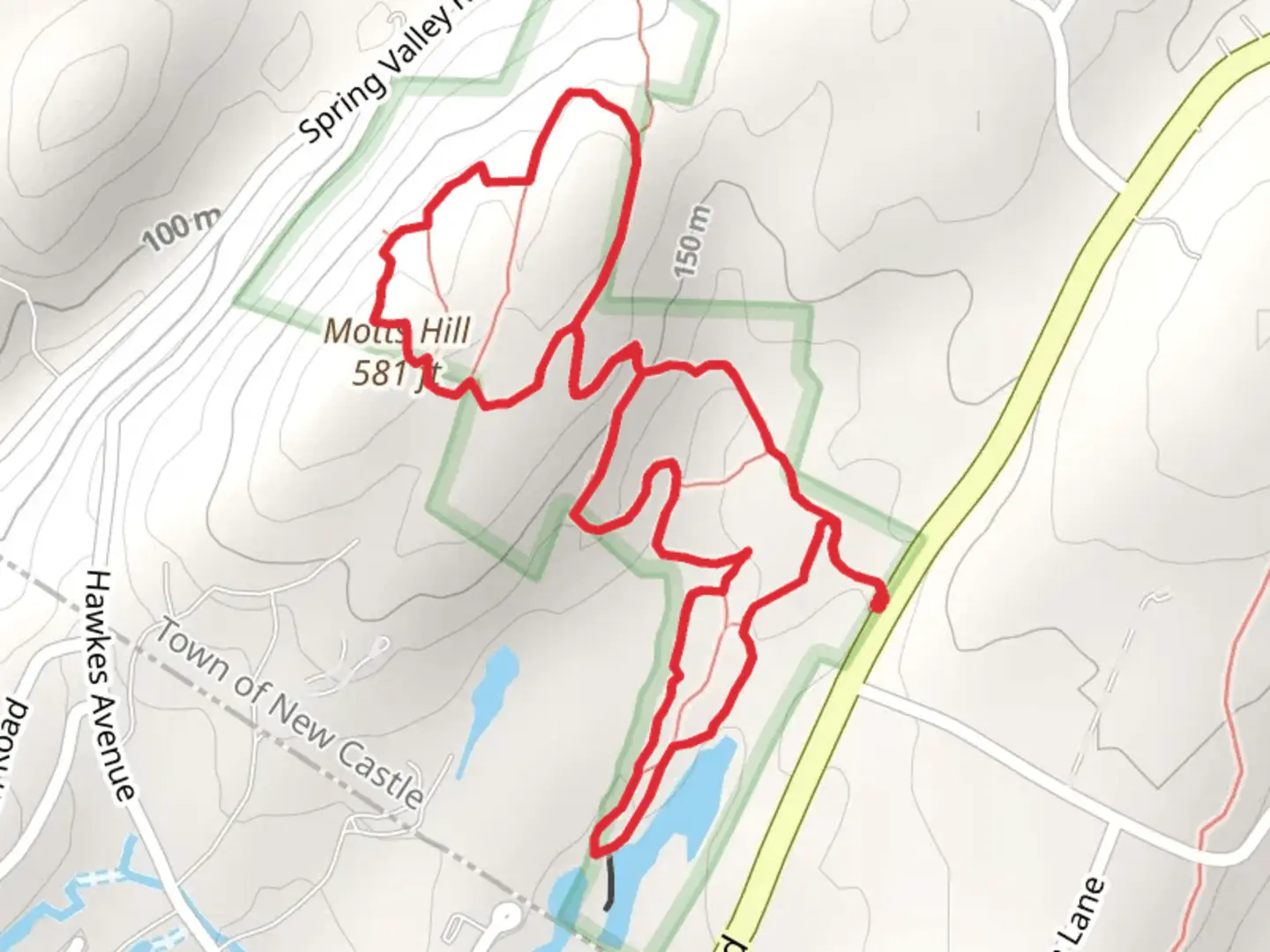 An image depicting the trail Purdy Pond and Motts Hill Loop Trail and its surrounding area.