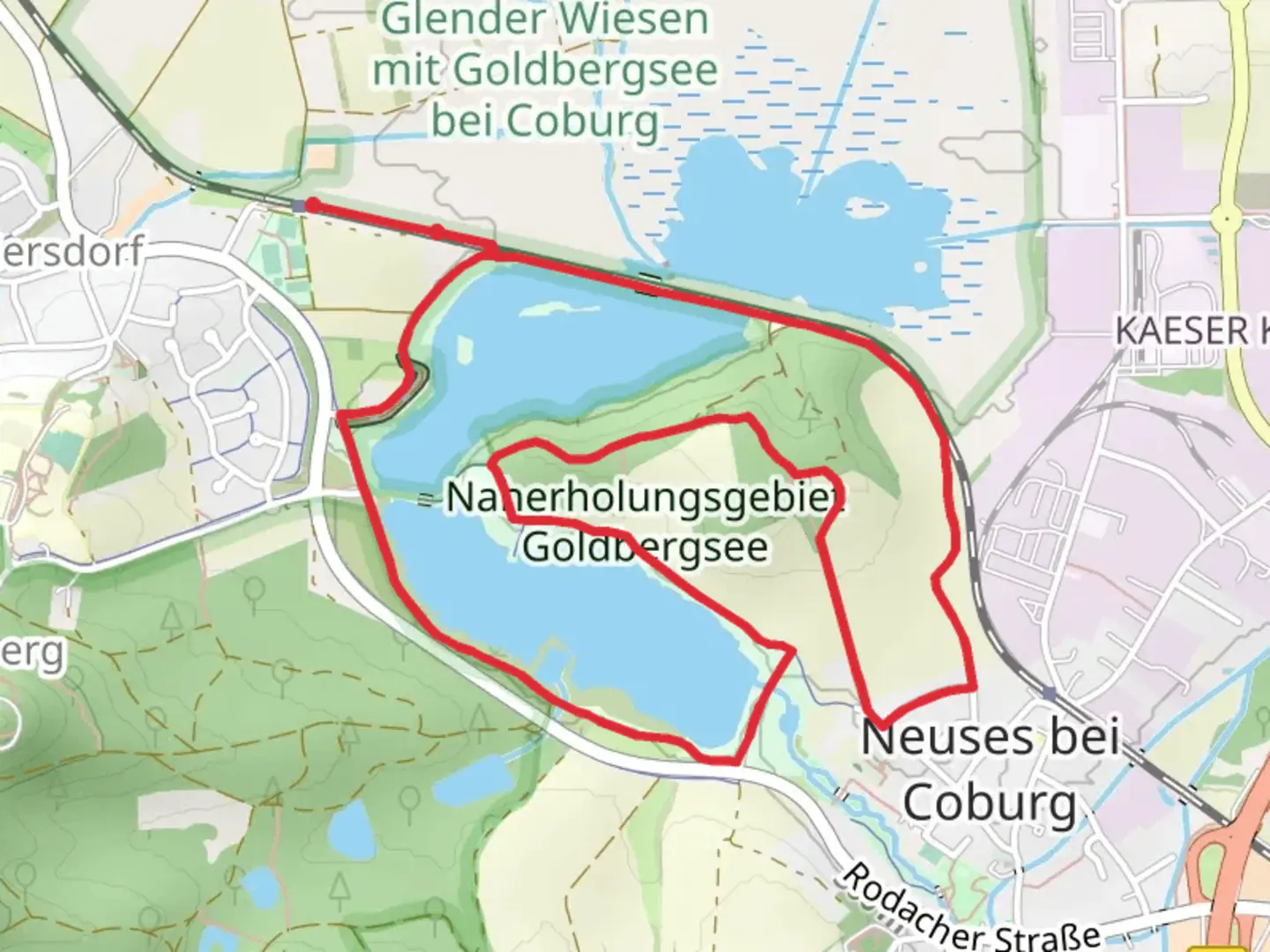 An image depicting the trail Goldbergsee via Coburger Rundwanderweg and Friedrich-Rueckert Wanderweg and its surrounding area.