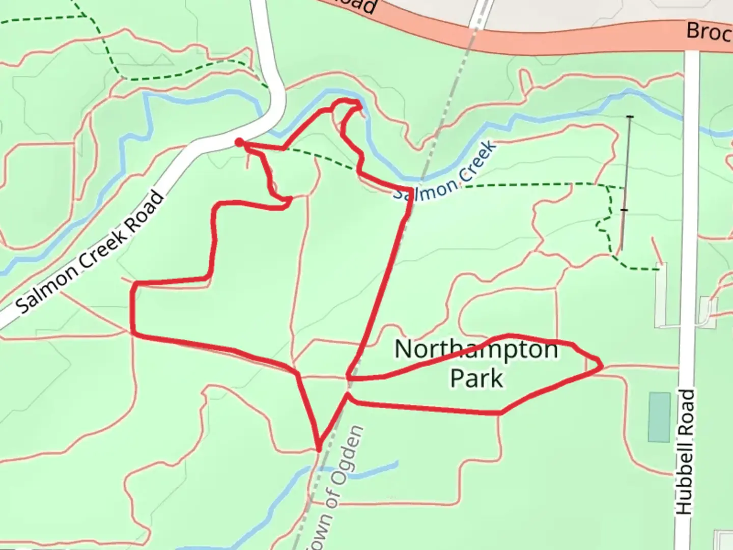 An image depicting the trail Salmon Creek in Northampton Park Loop and its surrounding area.