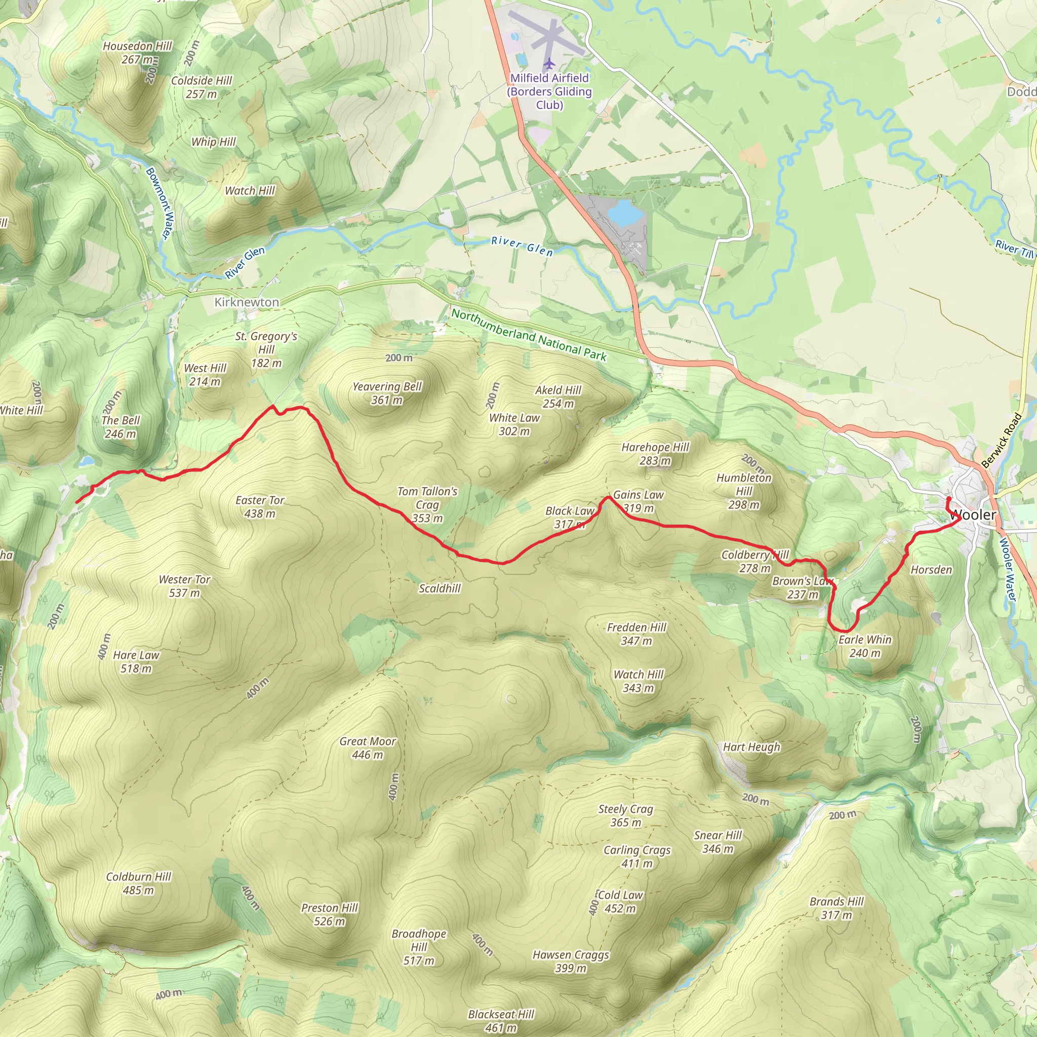 Wooler to Hethpool Walk mobile static map