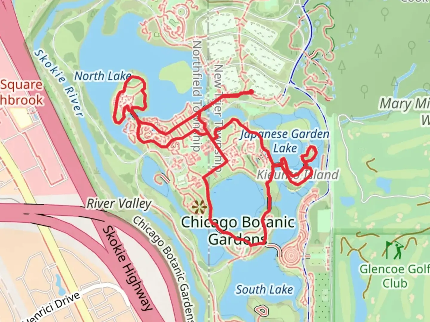An image depicting the trail Chicago Botanic Garden Loop and its surrounding area.