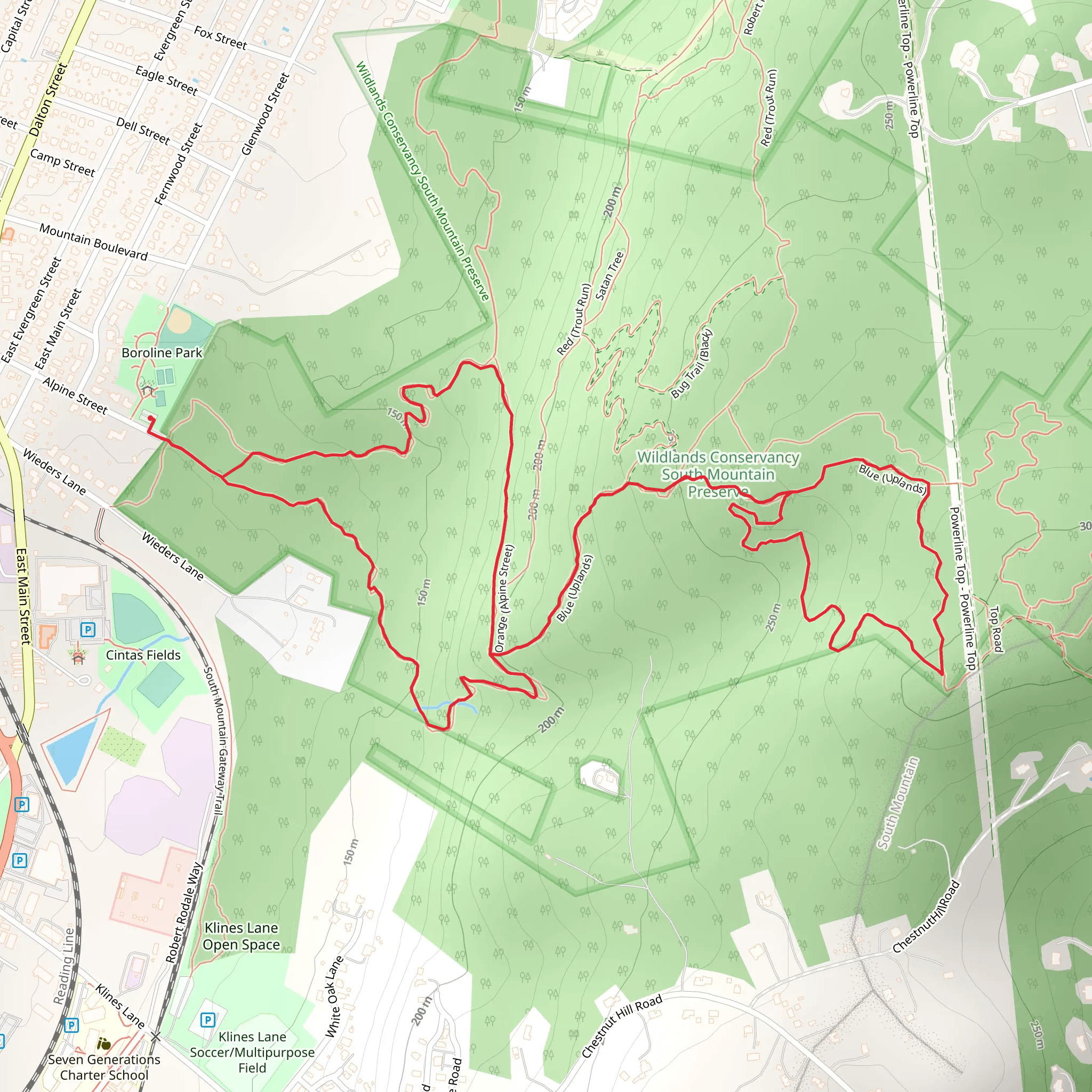 Orange - Alpine Street, Yellow Mountain Top and Blue Uplands Loop mobile static map