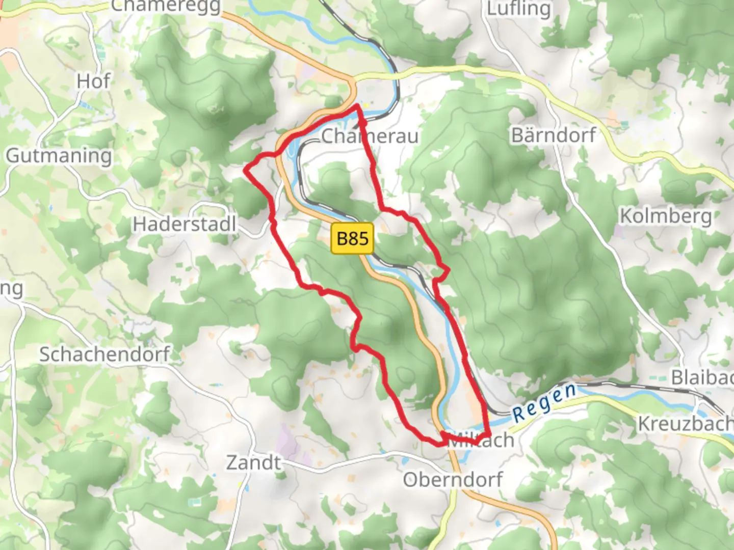 An image depicting the trail Chamerau to Miltach Loop via River Regen and its surrounding area.