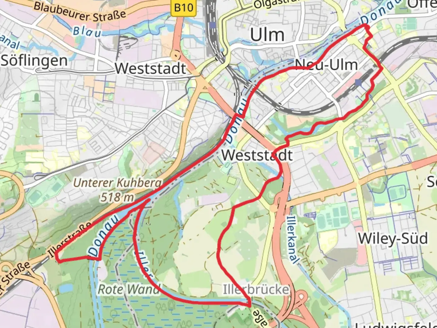An image depicting the trail Donau and Illerspitze via Ulm Lindenhoehe - Wibingen and Ulmer Festungsweg and its surrounding area.