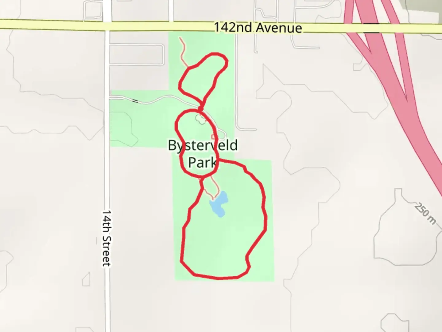 An image depicting the trail Bysterveld Park Loop and its surrounding area.