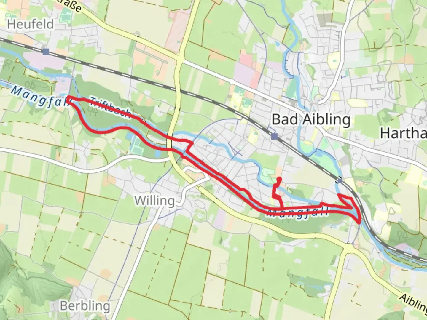 An image depicting the trail Mangfall via Bad Aibling and Mittel and its surrounding area.