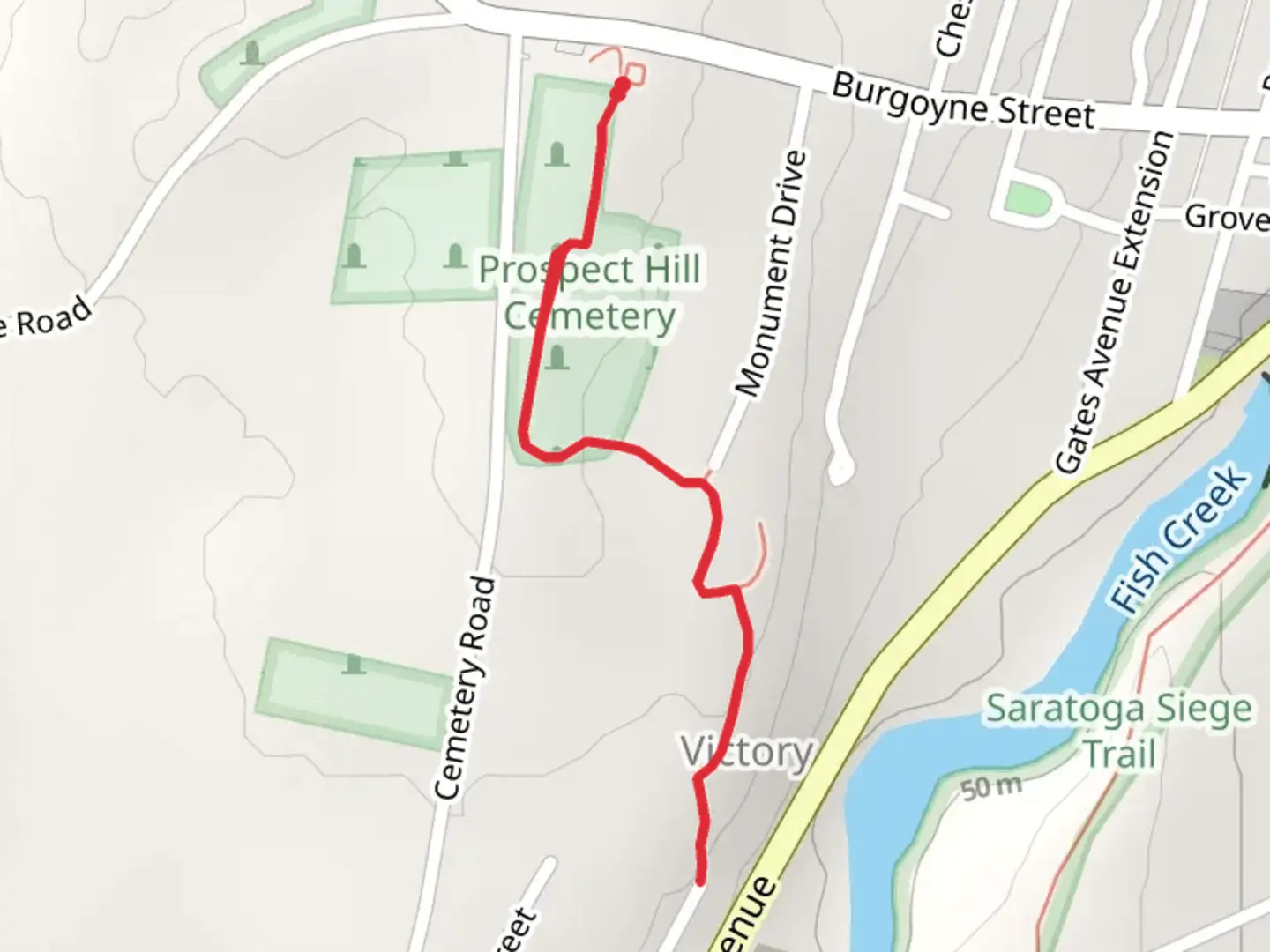 An image depicting the trail Prospect Hill Cemetery Out and Back and its surrounding area.