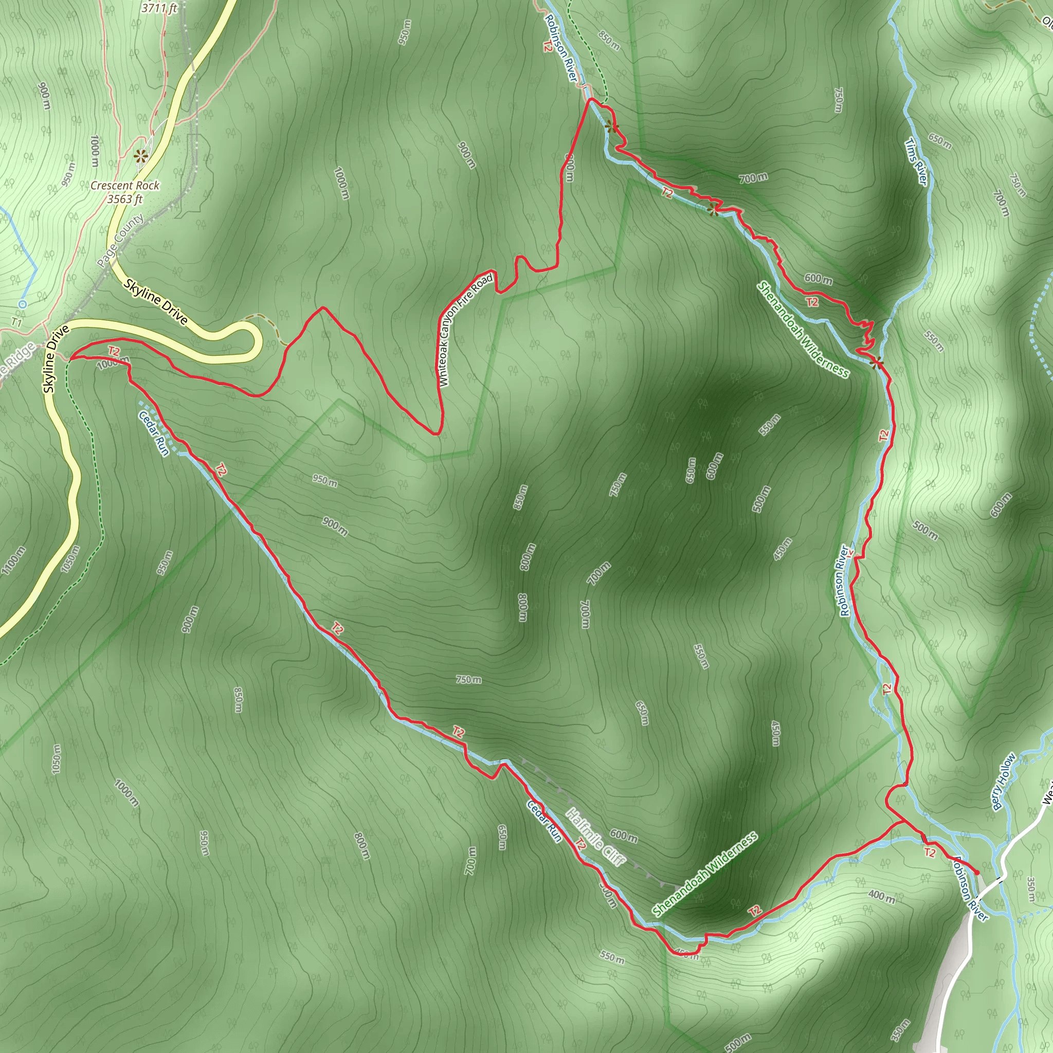 White Oak Canyon and Cedar Run Loop Trail mobile static map