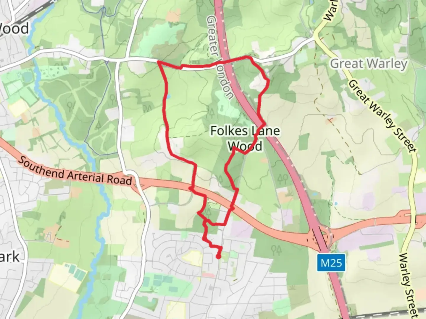 An image depicting the trail Pot Kiln Wood, Folkes Lane Wood and Foxburrow Wood Loop and its surrounding area.