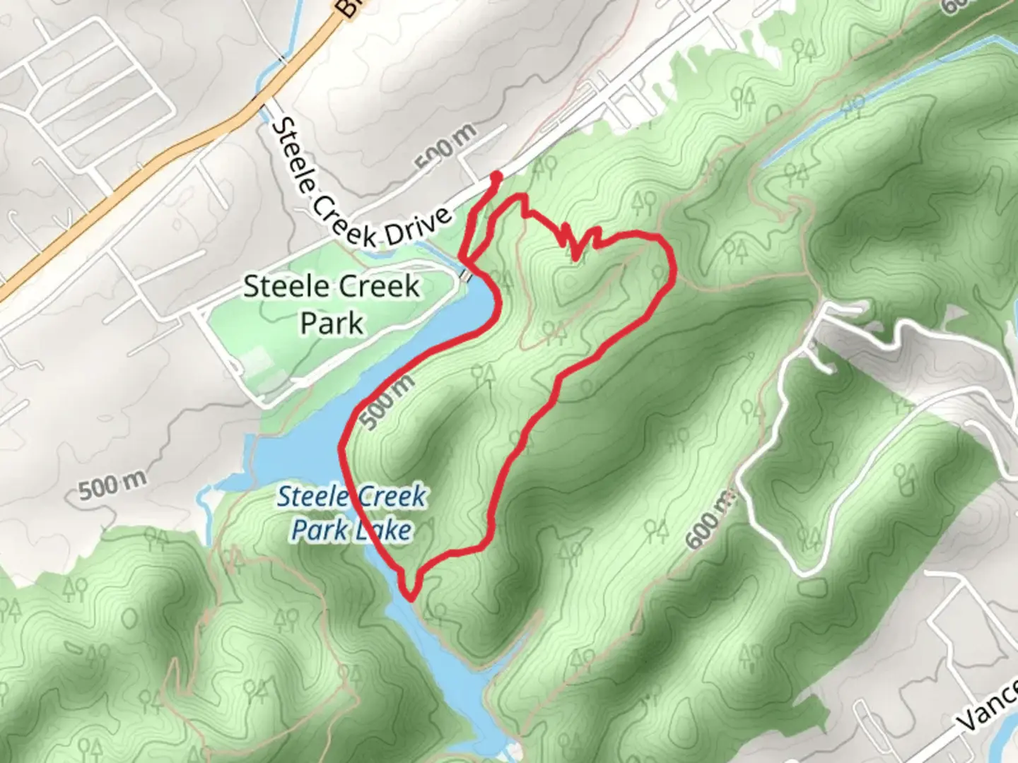 An image depicting the trail Mark Vance Memorial Greenway and Steele Creek Loop and its surrounding area.