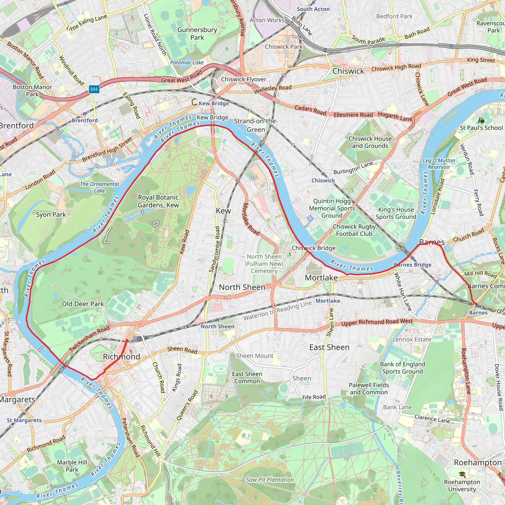 Barnes to Richmond along the Thames Path mobile static map