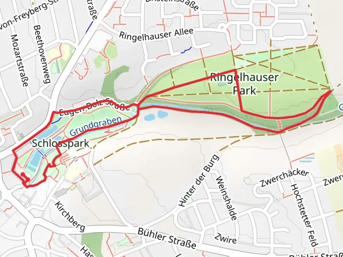 An image depicting the trail Schlosspark and Ringelhauser Park Loop and its surrounding area.