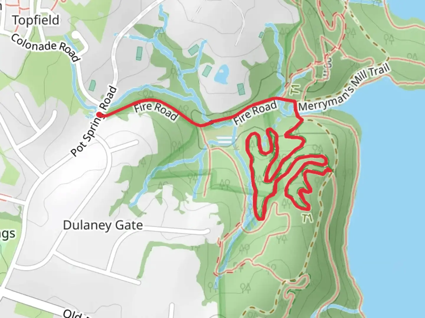 An image depicting the trail Pink Trail via Fire Road and its surrounding area.