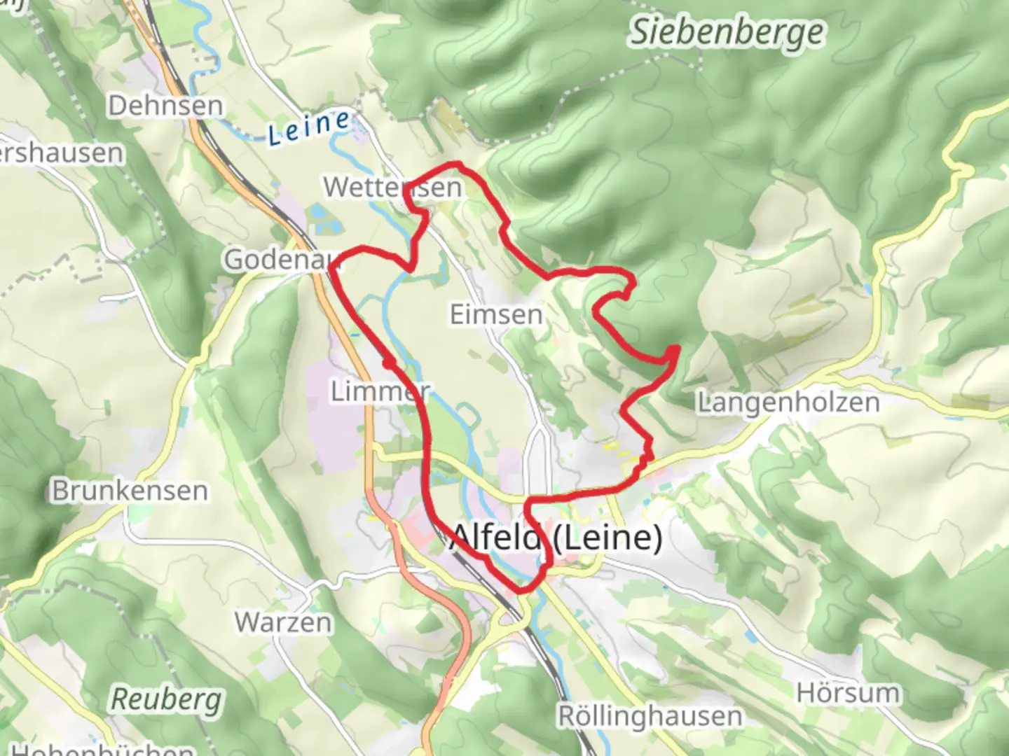 An image depicting the trail Limmer, Alfelf and Wettensen Loop via Himmelberg and its surrounding area.