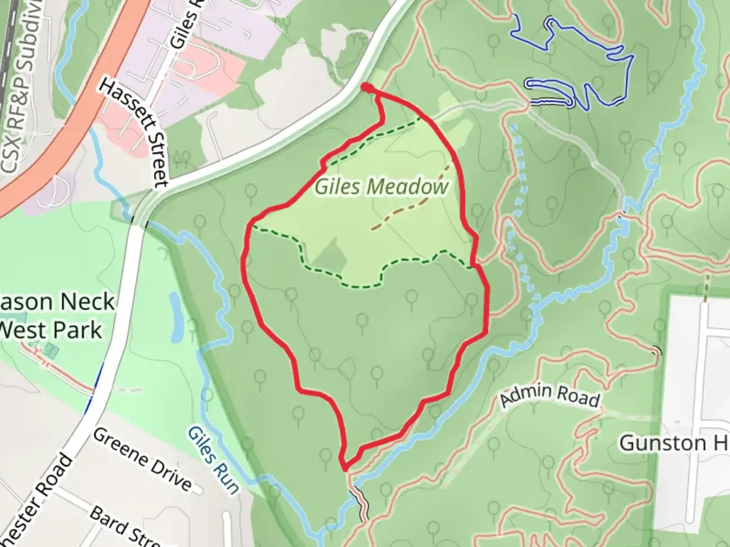 An image depicting the trail Giles Run Trail and South Branch Massey Creek Loop and its surrounding area.