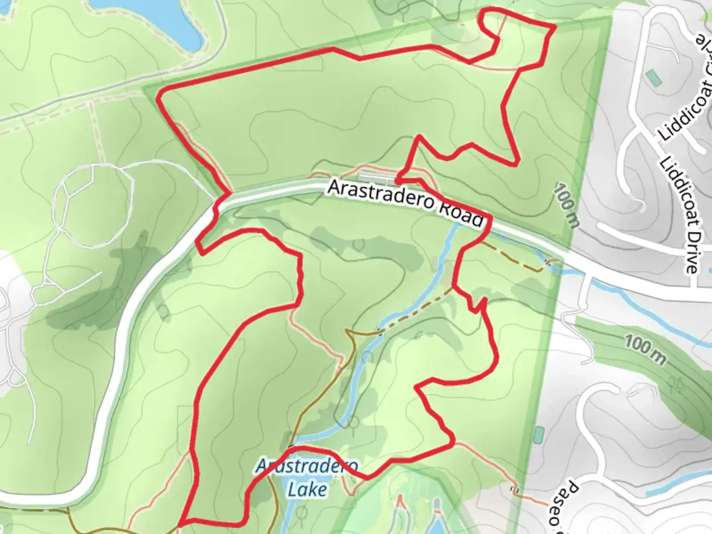 An image depicting the trail Redtail - Portola Pastures - Arastradero Lake - Wild Rye Loop Trail and its surrounding area.