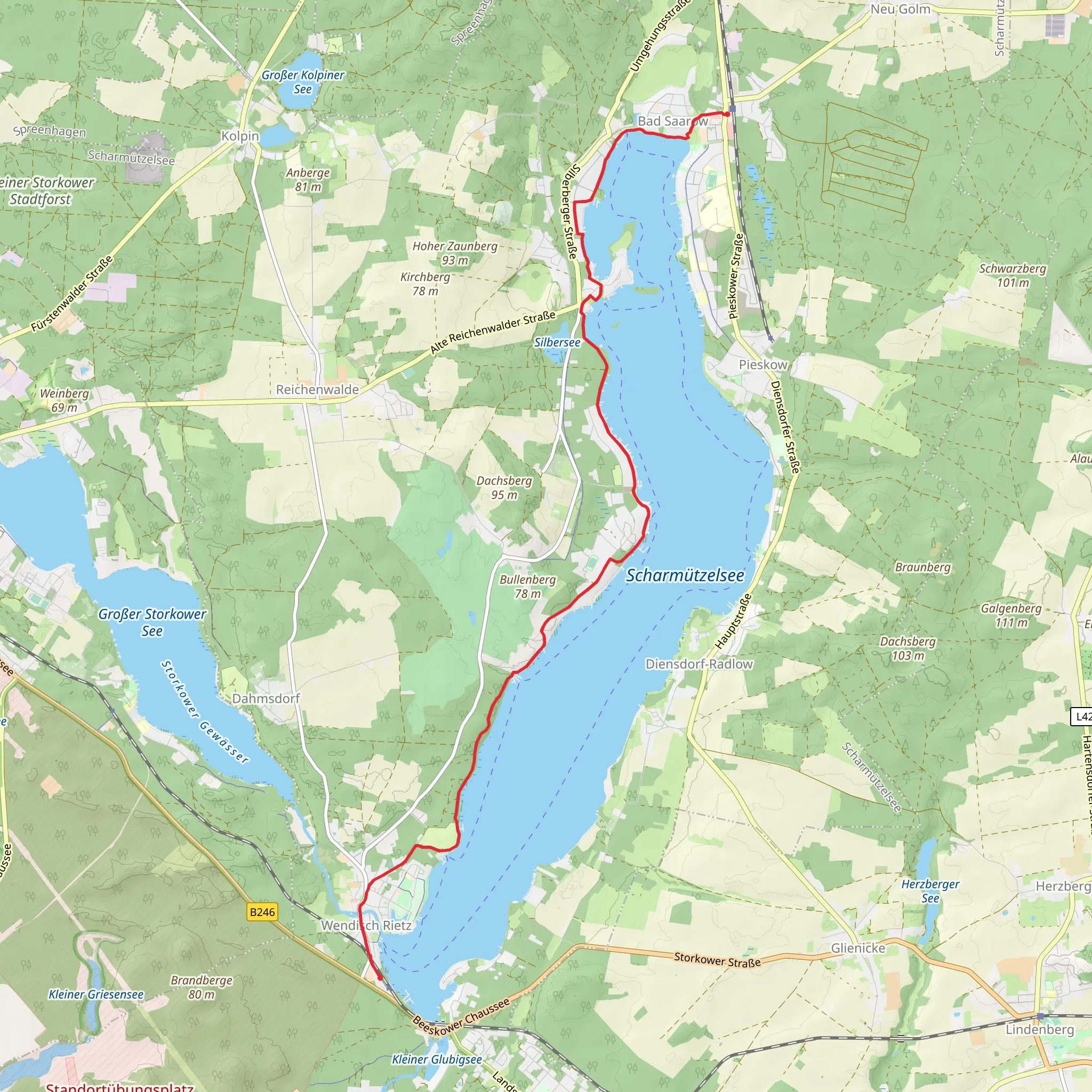 Bad Saarow to Wendisch-Rietz via Ufferwanderweg Westufer mobile static map