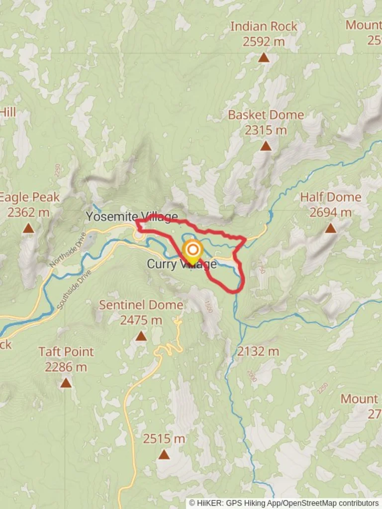 An image depicting the trail Yosemite Valley Loop Trail and its surrounding area.