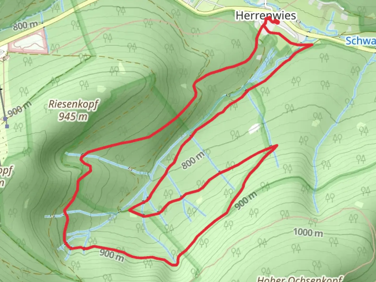 An image depicting the trail Grunwinkel and Glasbrunnen Loop and its surrounding area.