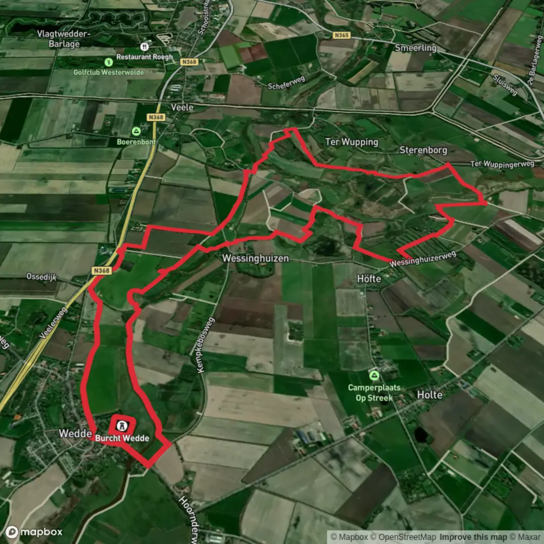 An image depicting the trail Burcht Wedde via Noaberpad and Westerwolderpad and its surrounding area.