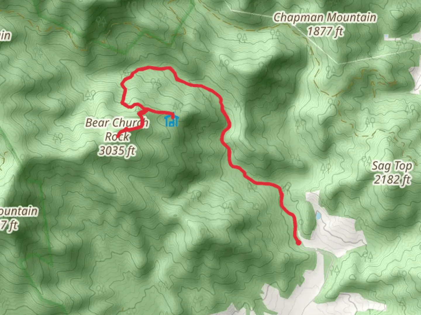 An image depicting the trail Bear Church Rock via Graves Mill Trail and its surrounding area.