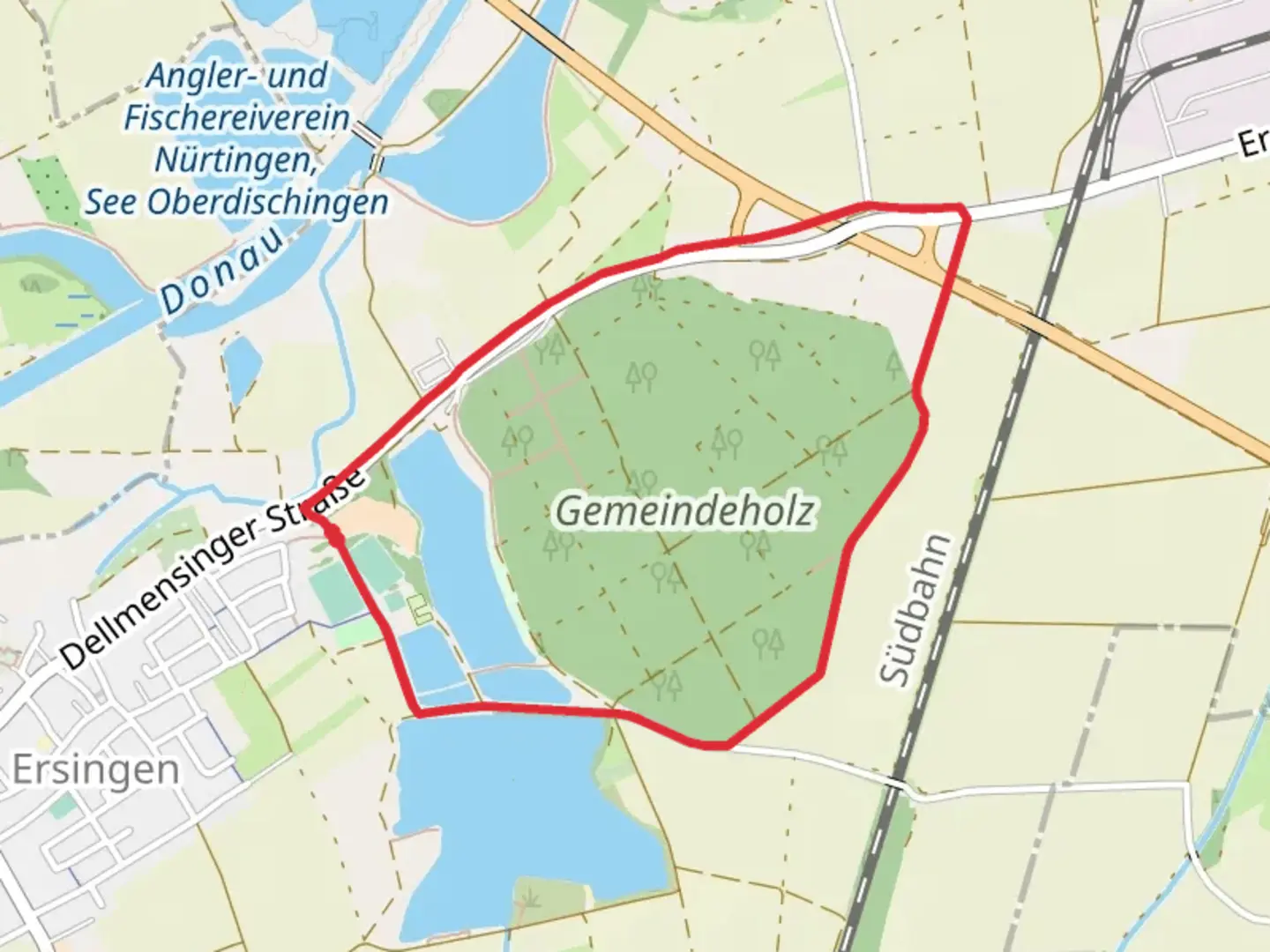 An image depicting the trail Gemeindeholz and Kleiner Ersinger Badesee Loop and its surrounding area.