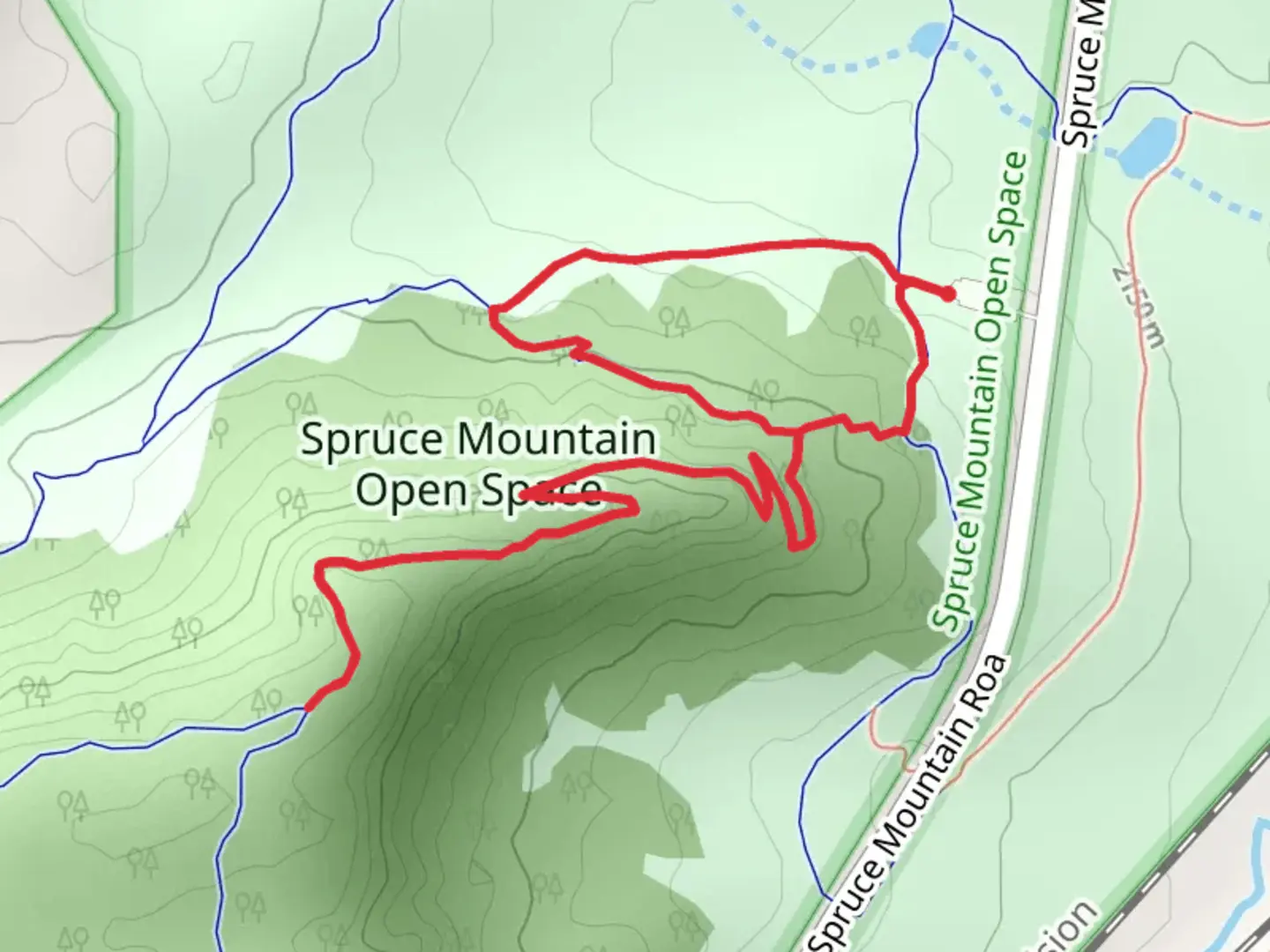 An image depicting the trail Eagle Pass - Oak Shortcut Loop via Spruce Mountain Trail and its surrounding area.