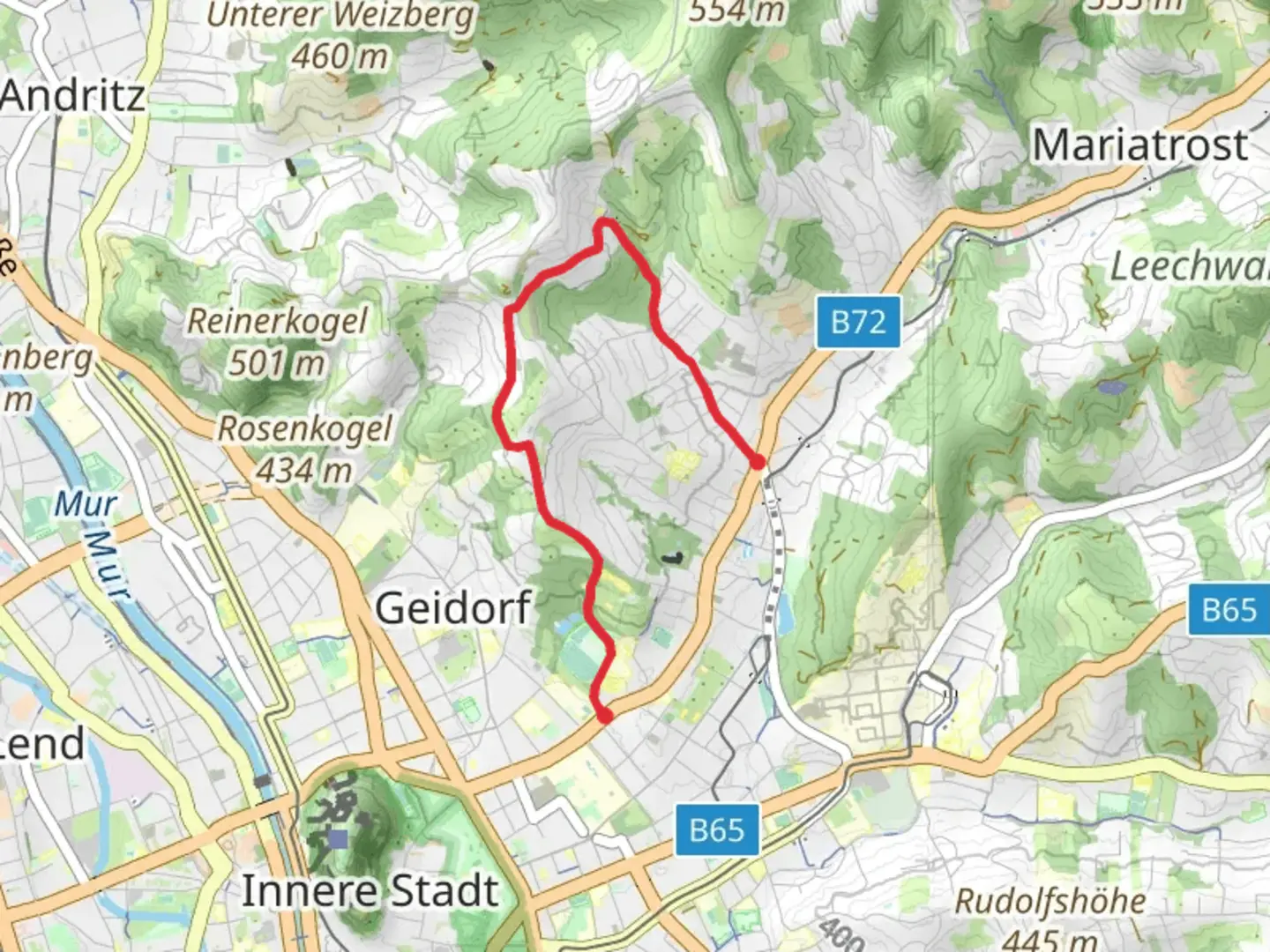 An image depicting the trail Rosenhain and Mariagrün Walk and its surrounding area.