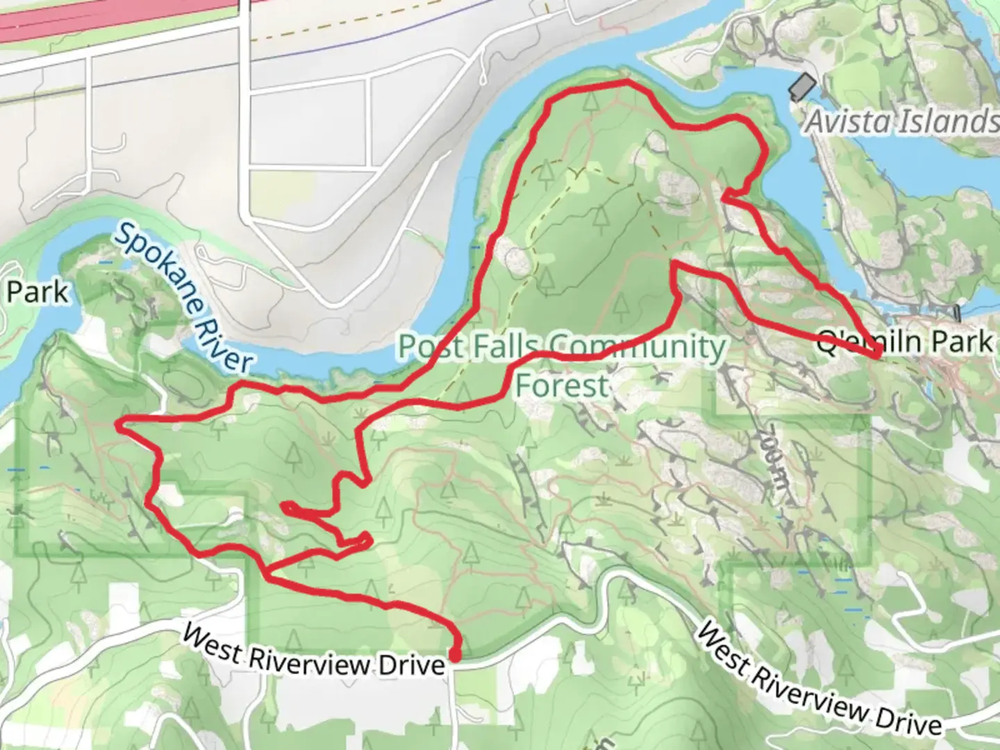 An image depicting the trail Q'emiln Park and Post Falls Community Forest Loop and its surrounding area.