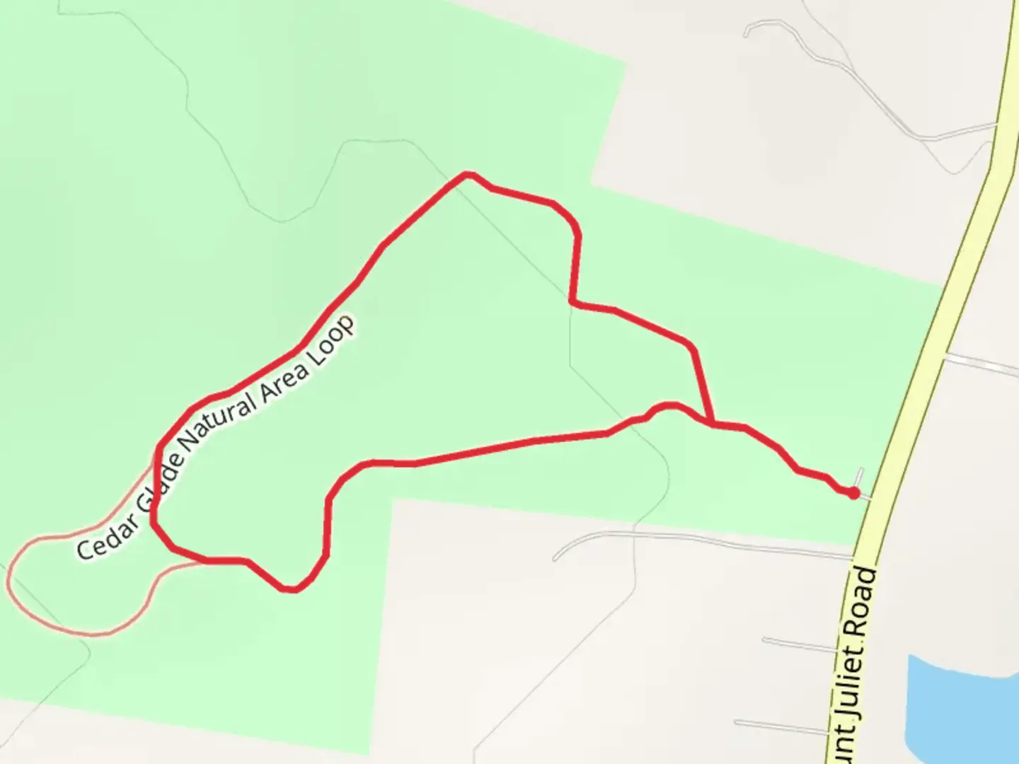 An image depicting the trail Cedar Glade Natural Area Loop and its surrounding area.