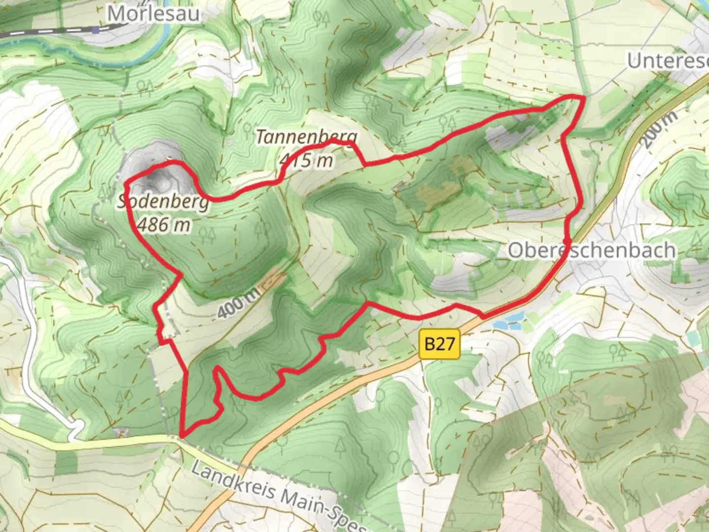 An image depicting the trail Tannenberg, Ruine Sodenberg and Sodenberg Gans Loop and its surrounding area.