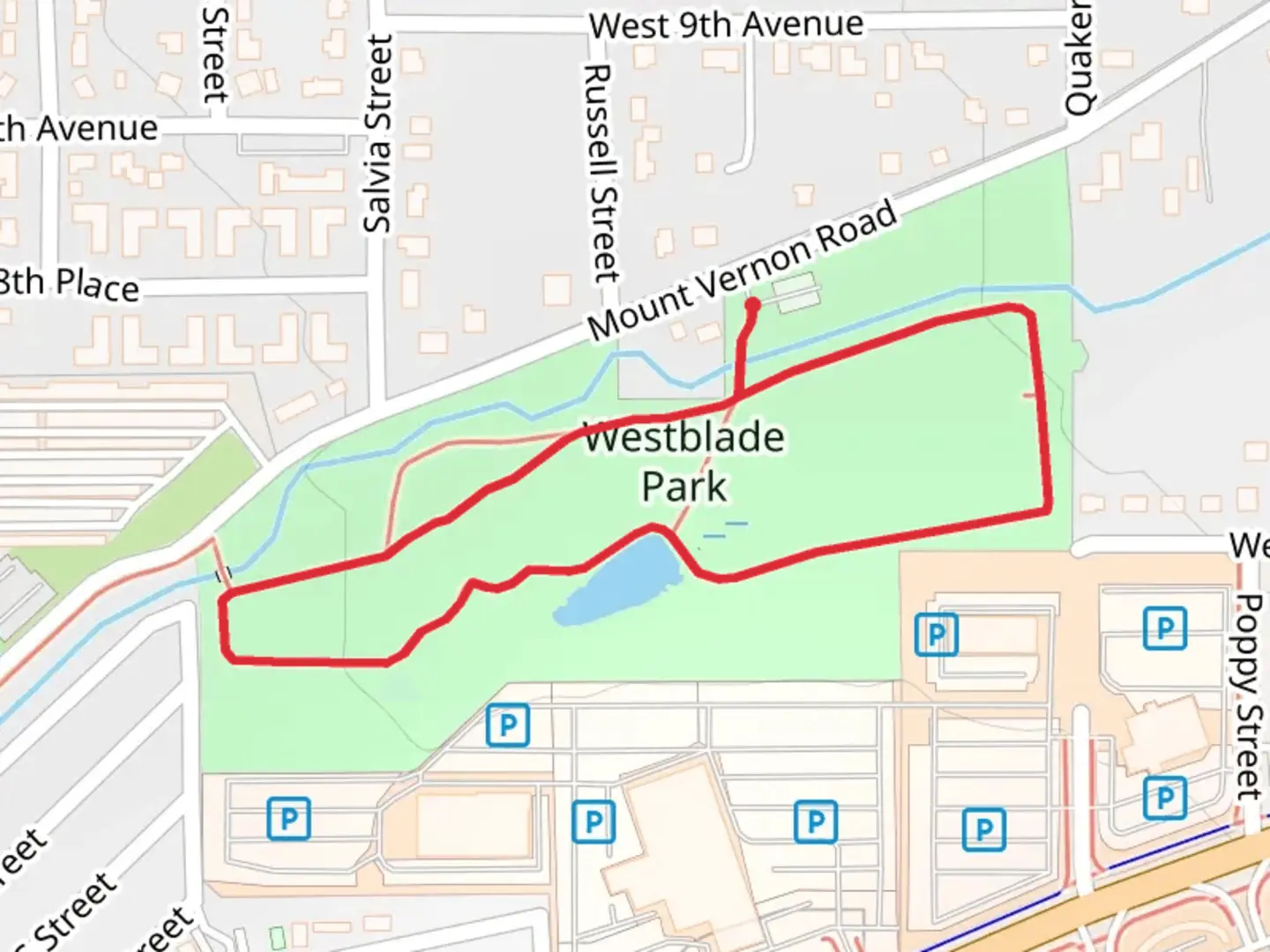 An image depicting the trail Westblade Park Loop and its surrounding area.